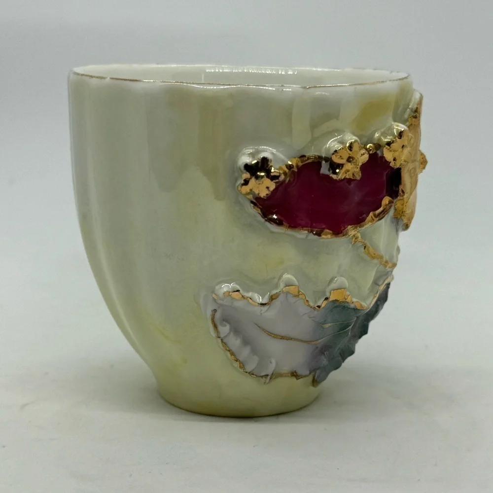 Vintage German.Lusterware Teacup with Ornate Gilt High Relief Floral Design